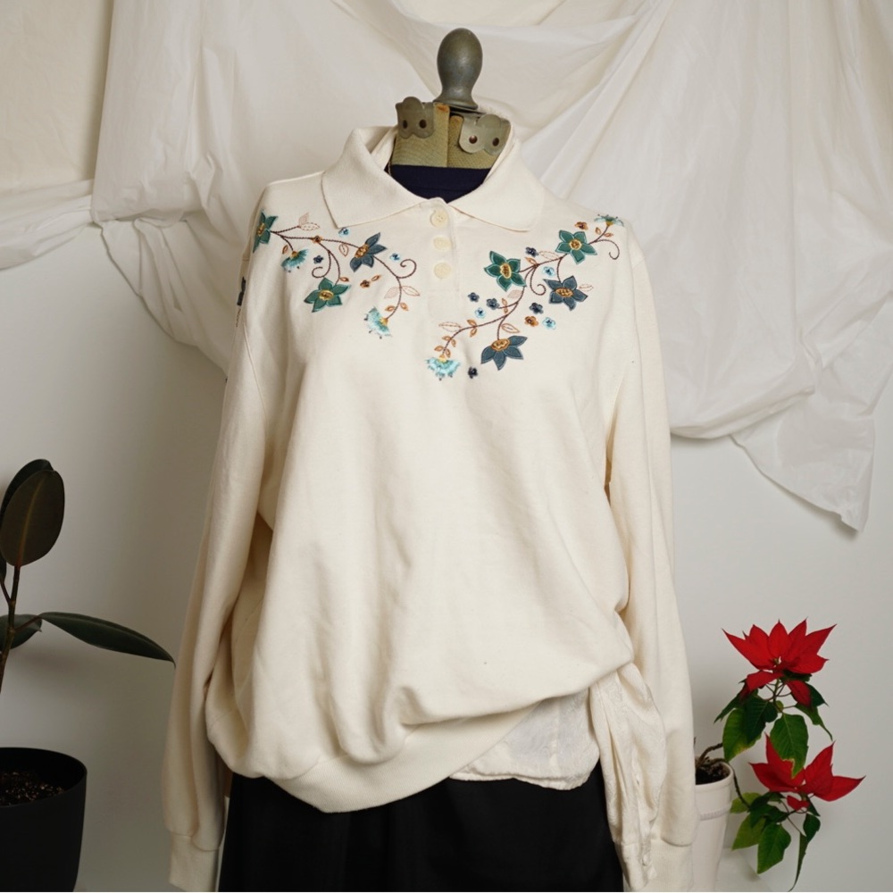 Vintage Grandma Collared Embroidered Sweatshirt